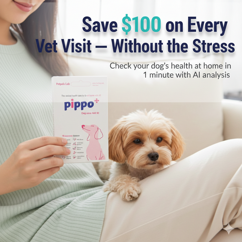 Person holding a Pippo pet health test kit with a dog on their lap, promotional text about saving money on vet visits.