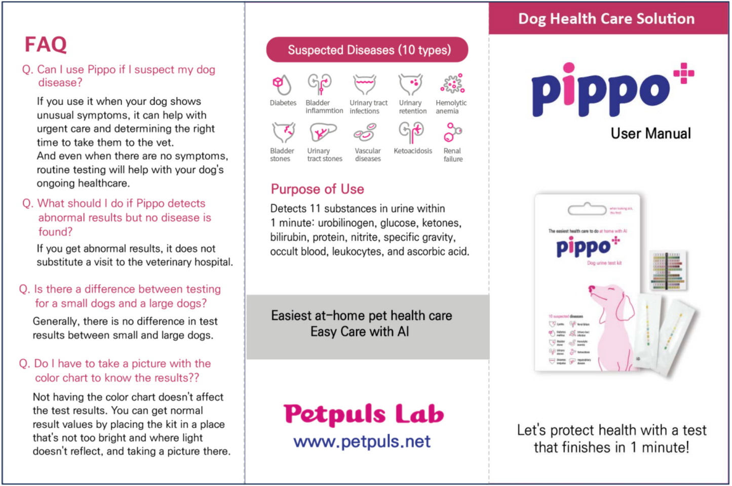 Pippo+ dog health care solution user manual with product packaging and text.