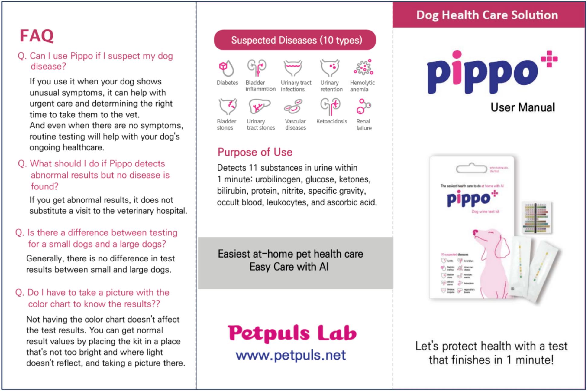 Pippo+ dog health care solution user manual with product packaging and text.
