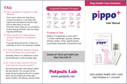 Pippo+ dog health care solution user manual with product packaging and text.