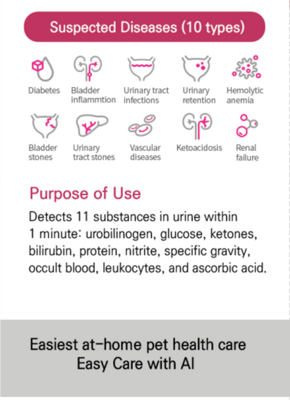Product label for a pet health diagnostic test with suspected diseases and purpose of use.