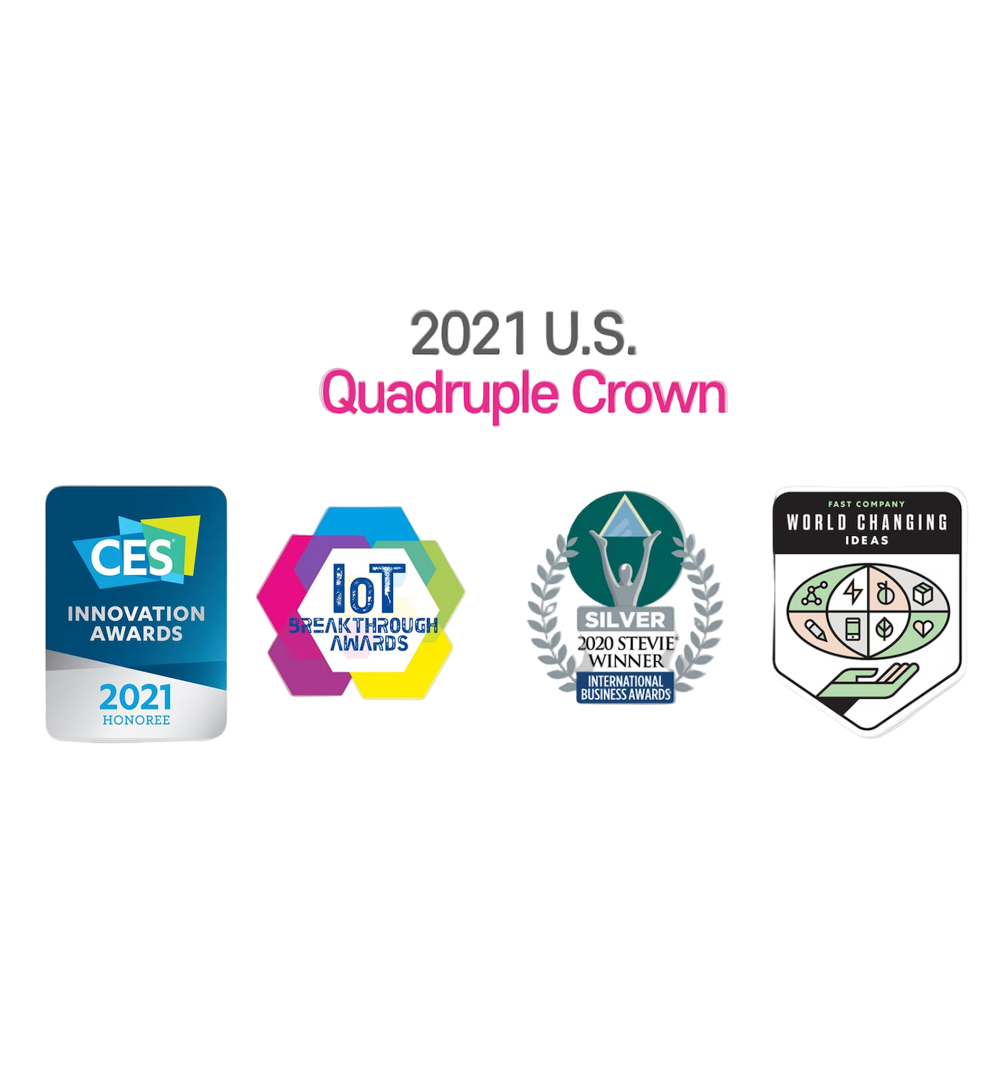 Four awards logos on a white background with text '2021 U.S. Quadruple Crown'.