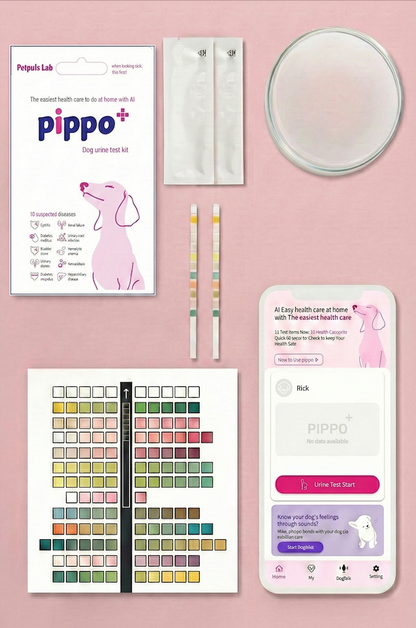 Pippo+ pet health monitoring system on a pink background with app, test strips, and printed materials.