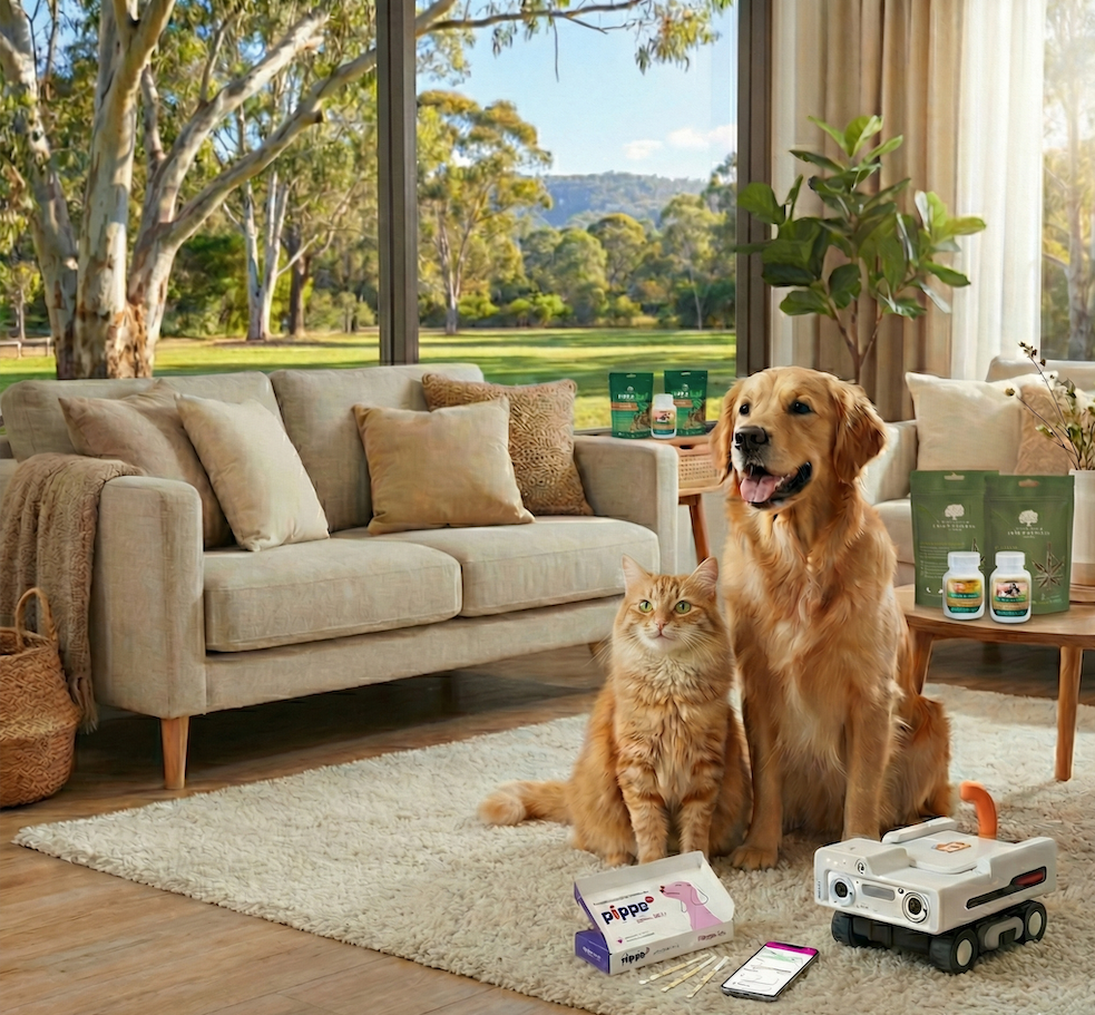 Dog and cat sitting on a rug in a living room with pet products around