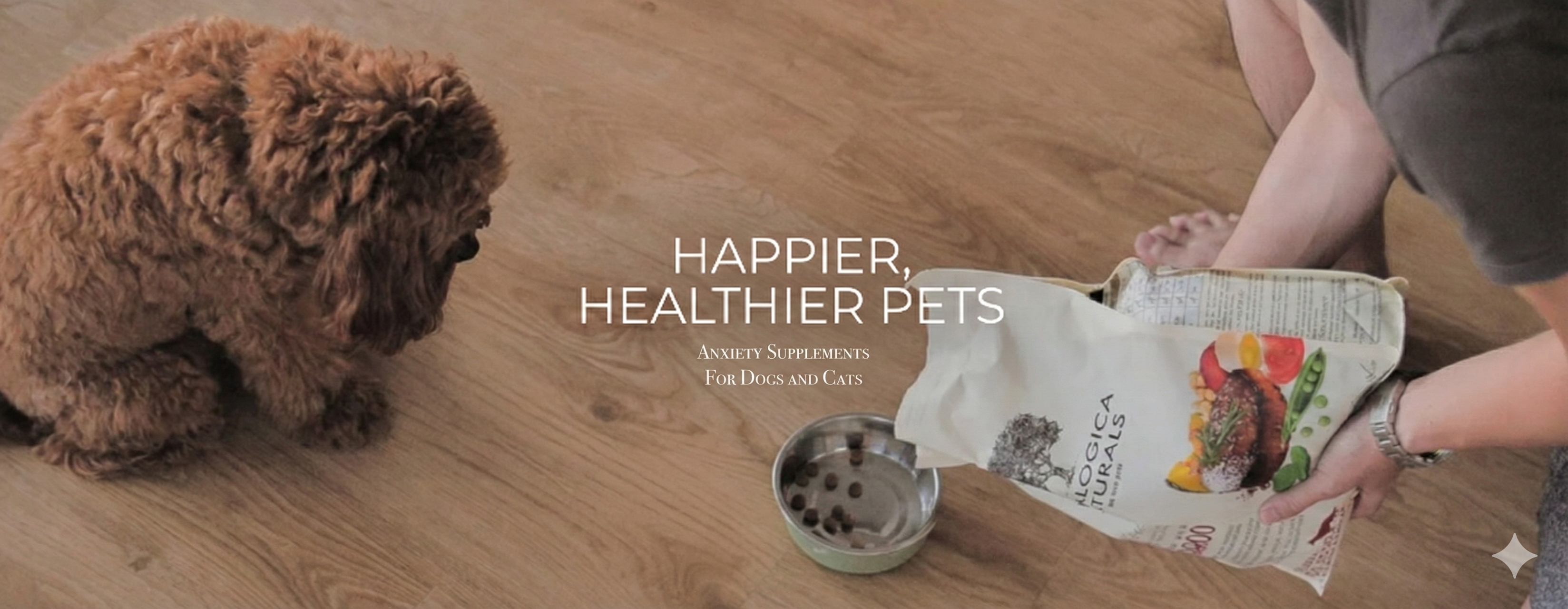 Dog next to a person holding a bag of pet food with 'Happier Healthier Pets' text on a wooden floor.