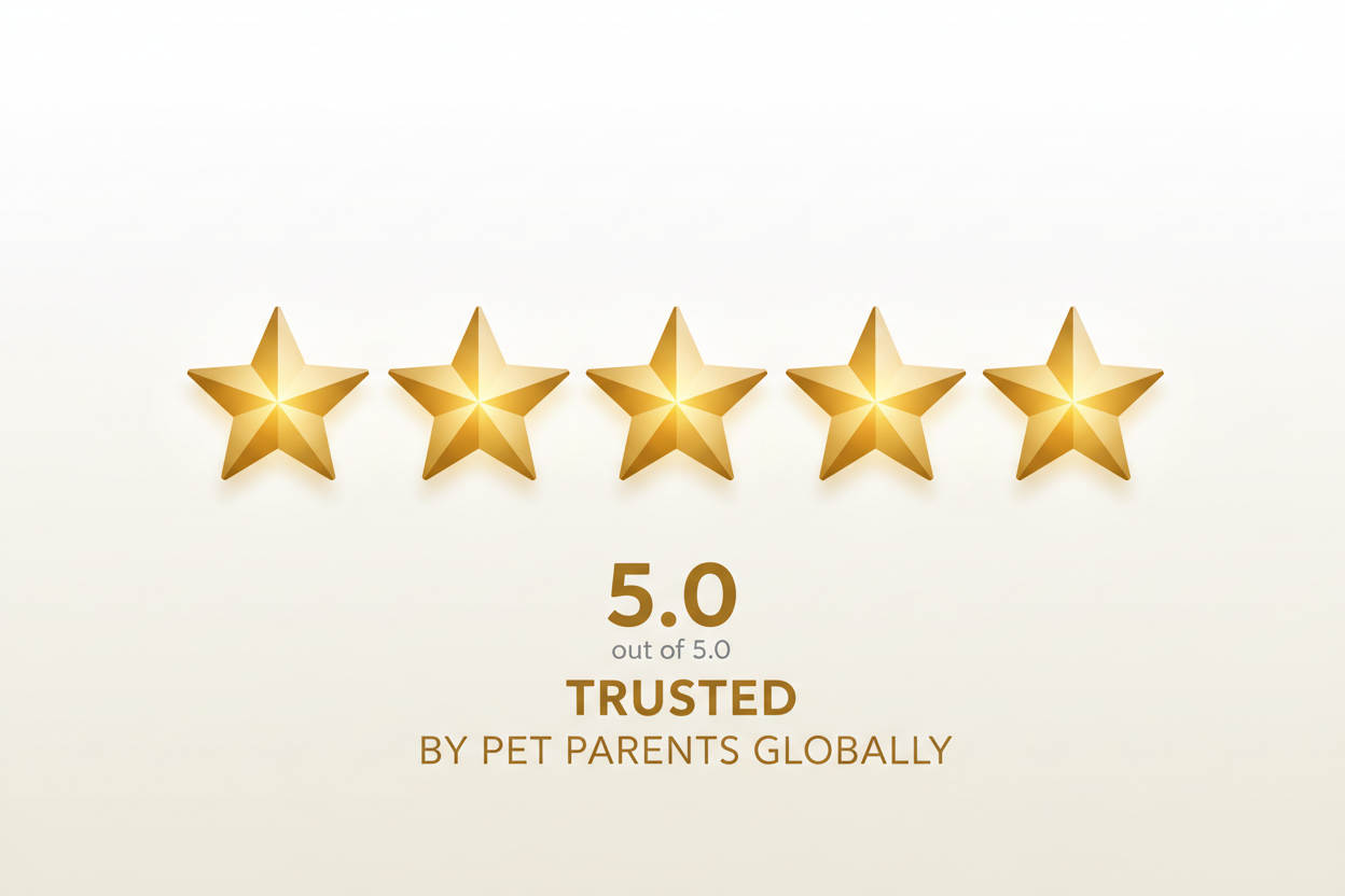 Five gold stars with a rating of 5.0 and text 'Trusted by Pet Parents Globally' on a beige background