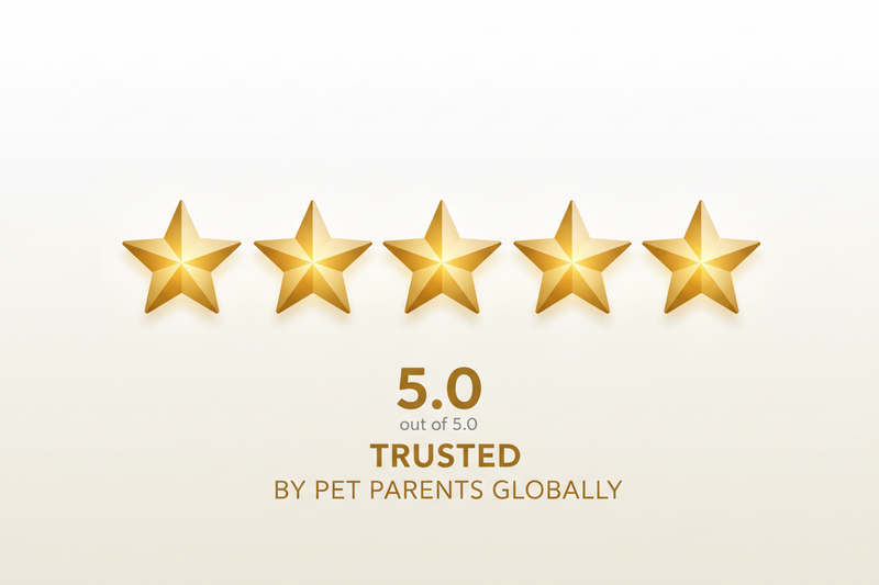 Five gold stars with a rating of 5.0 and text 'Trusted by Pet Parents Globally' on a beige background