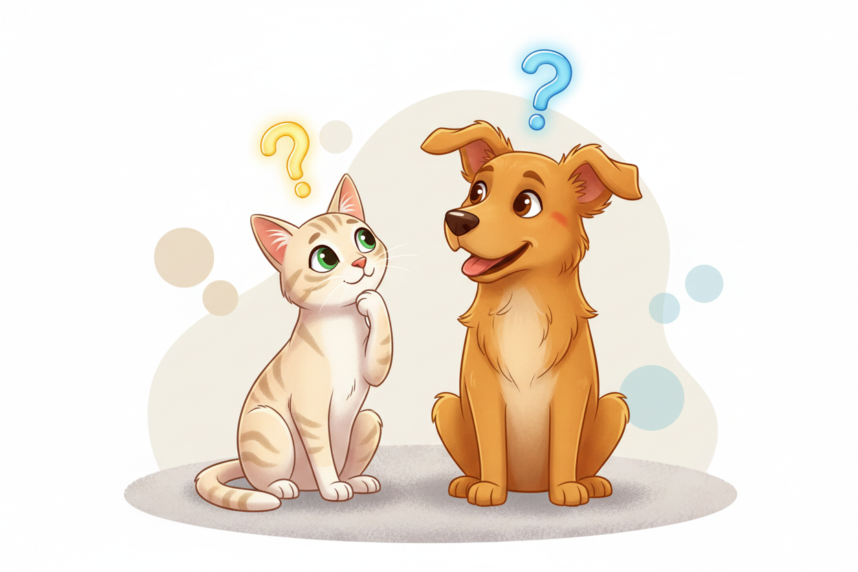 Cartoon cat and dog with question marks above their heads on a white background